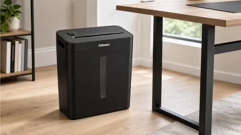 Leiser Datenschutz im Homeoffice: Fellowes Powershred P-42C passt besser unter den Schreibtisch als ins Archiv