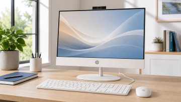 Ein ruhiger Arbeitsplatz ohne Tower neben dem Tisch: HP All-in-One Desktop-PC 23,8 Zoll bleibt angenehm aufgeräumt