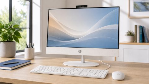 Ein ruhiger Arbeitsplatz ohne Tower neben dem Tisch: HP All-in-One Desktop-PC 23,8 Zoll bleibt angenehm aufgeräumt